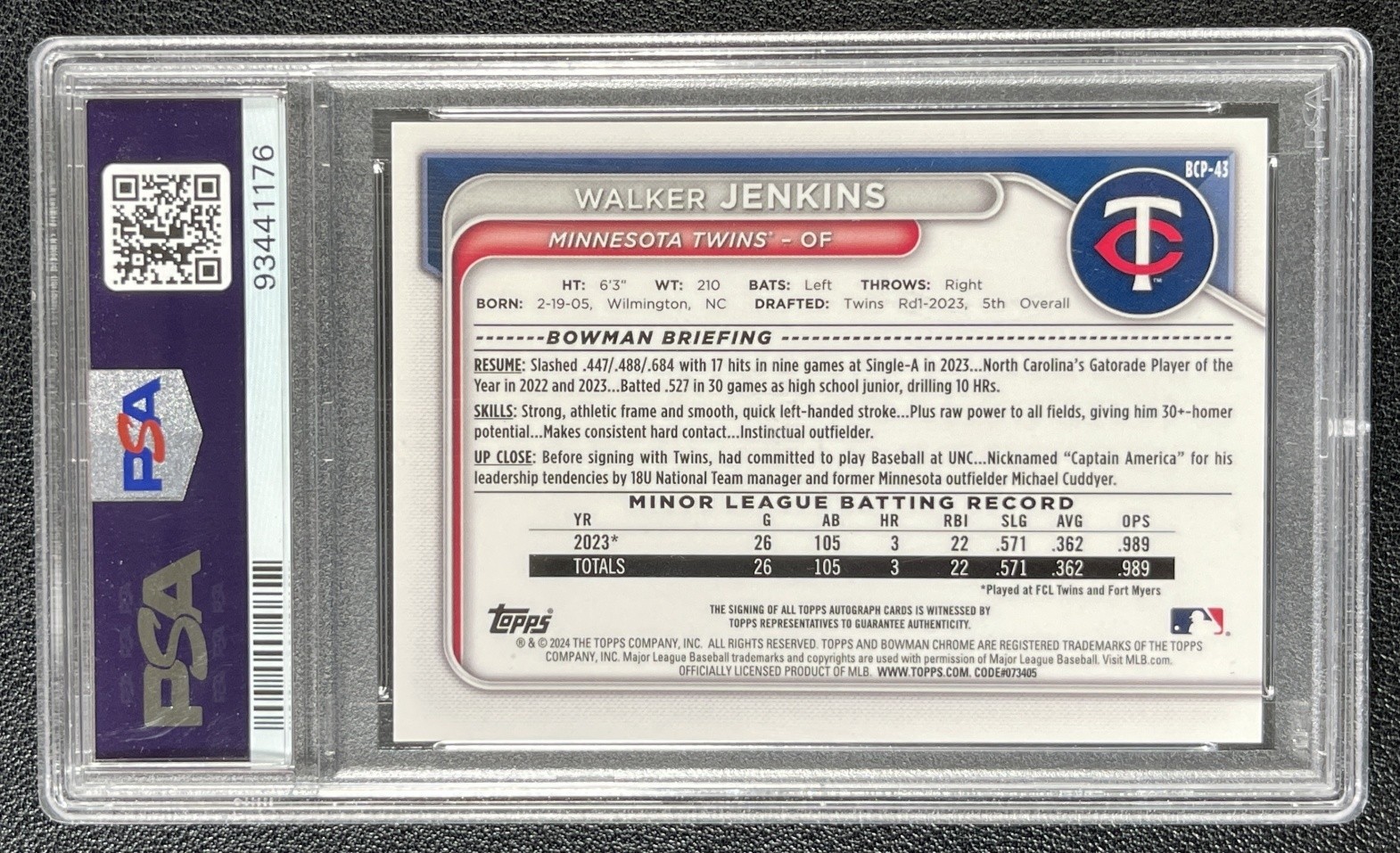 WALKER JENKINS PSA 10 2024 BOWMAN CHROME MEGA BOX SP VAR REFRACTOR AUTO 09/25 view 2