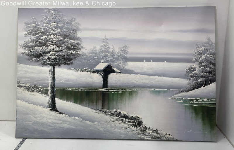 Snowy Winter Landscape Painting Signed