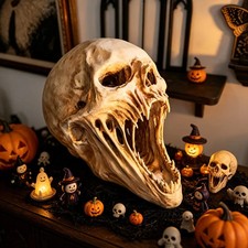 Halloween Giant Alien Fanged Skull Resin Statue, Creepy Open Mouth Horror Skull