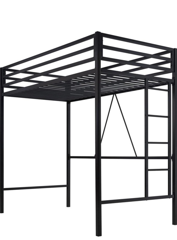 Black Metal Twin Loft Bed Frame w/ Guardrails Ladder Slats 77.6 x 41.3 x 71.9