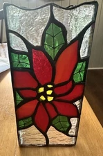 Stained Glass Candle Cover Poinsettia Flower Square Hurricane  Open Bottom 8"