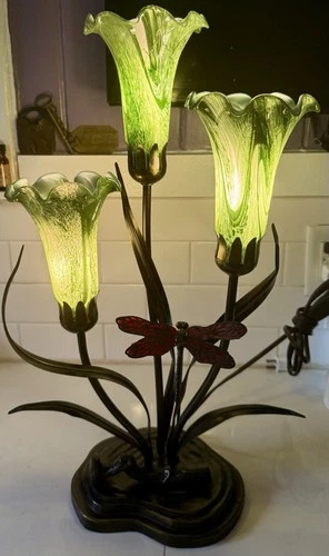 Vintage Tiffany Style Luminarie Table Lamp Green Swirl Tulips Red Dragonfly 21"