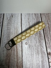 Handmade Tan Block Print Floral Wrist Keychain Key Ring