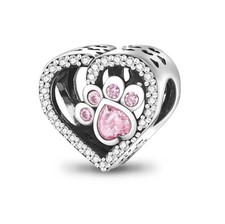 S925 Sterling Silver Pink Paw Print & Bone Dog Bead Charm For Bracelet