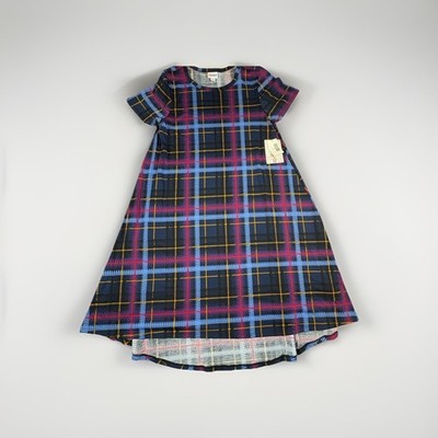 LulaRoe Carly Dress Blue Red Teal Plaid Geometric Hi Lo Swing Sz Small (A34)