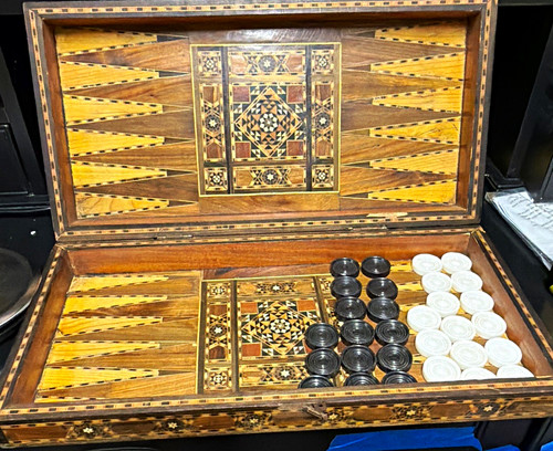 Middle Eastern Handmade Inlaid Wooden Backgammon Set with Checkers Pieces
