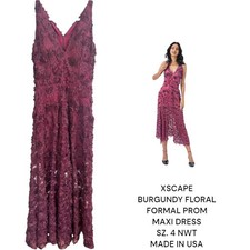 XSCAPE MADE IN USA BURGUNDY FLOWER PROM FORMAL MAXI DRESS SZ. 4 SMALL NWT