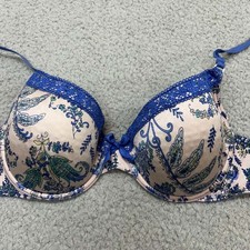 Aerie Bra 34D Underwire Hannah Bra Blue Lace Trim Floral