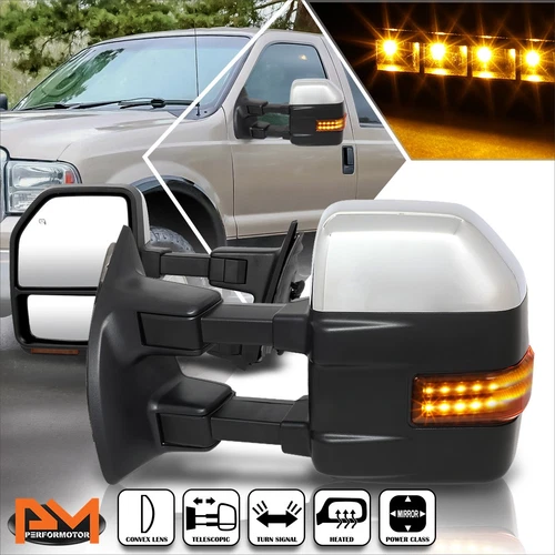 For 99-07 Ford Super Duty Powered+Heated Chrome Towing Mirror w/LED Signal Lamp