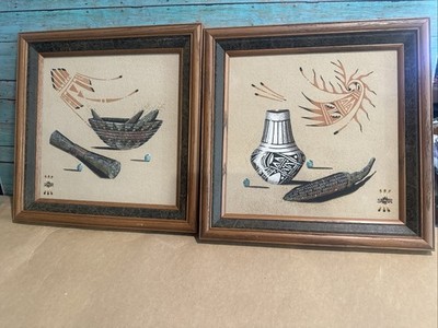 2 Sawer Vtg Native American Navajo sand art paintings still life Framed 14x14
