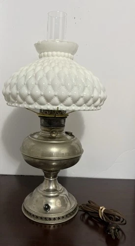 Vintage Kerosene Oil Electrified Lamp with White Quilted Milk Glass Shade