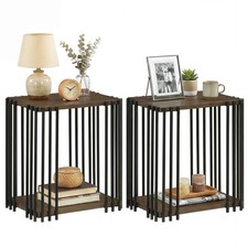 2PCS Rubber Wood Side Table w/2-Layer Storage Shelves Metal Frame for Bedroom