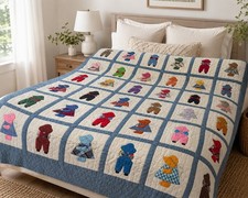 Signed 1979 Handmade Jack Jill Sunbonnet Sue Quilt Hand Quilted 105x78