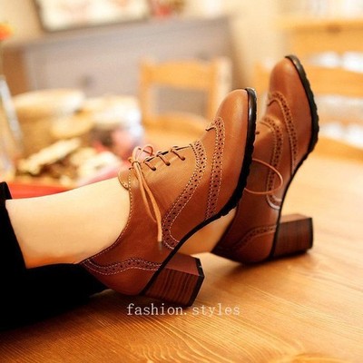 Womens Mid Cuban Heel Carved Brogue Retro Vintage Shoes Lace Up Oxfords Dress