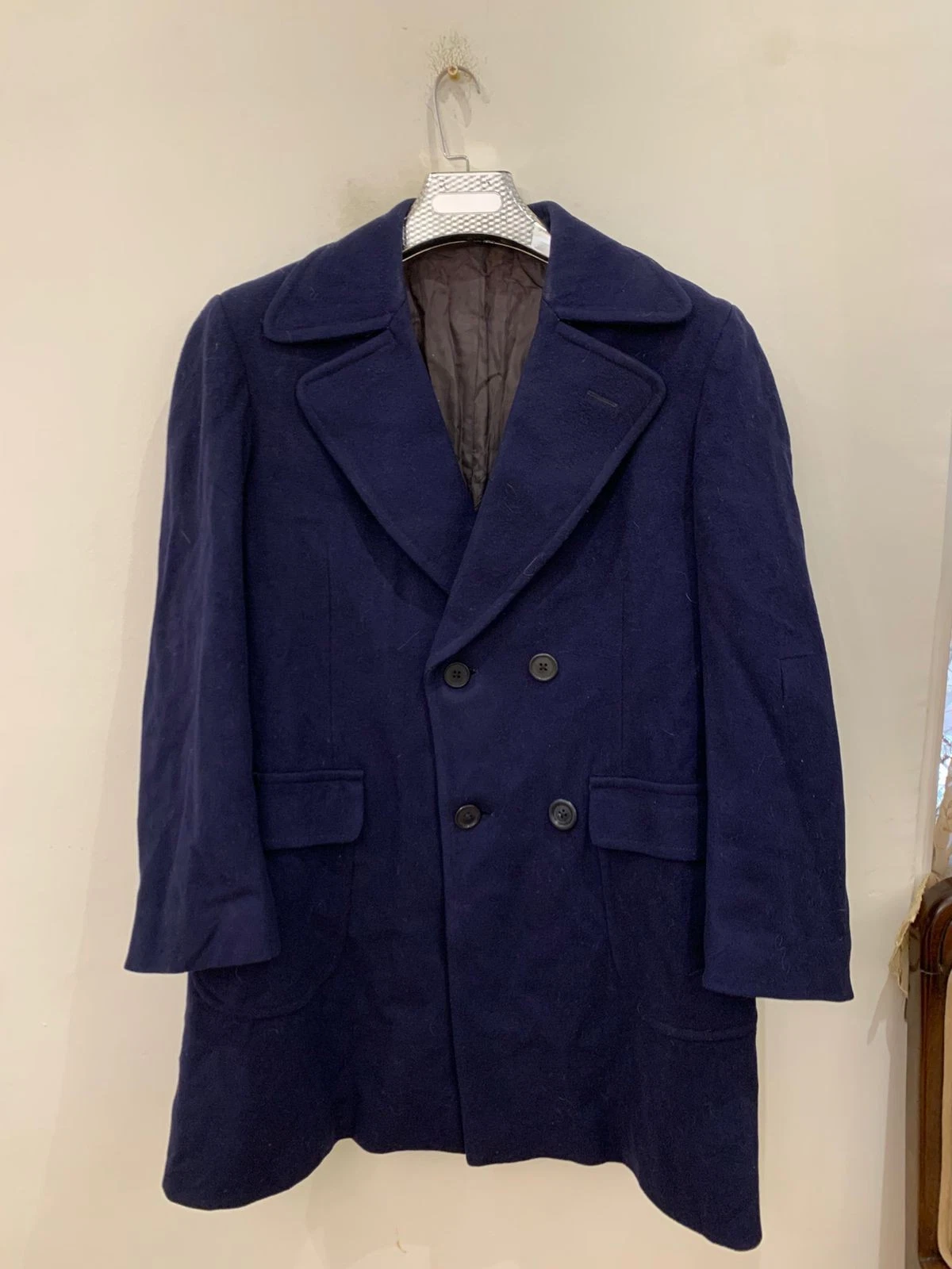 1970s Vintage pure woollen wool Navy double breasted Belted over coat 40R