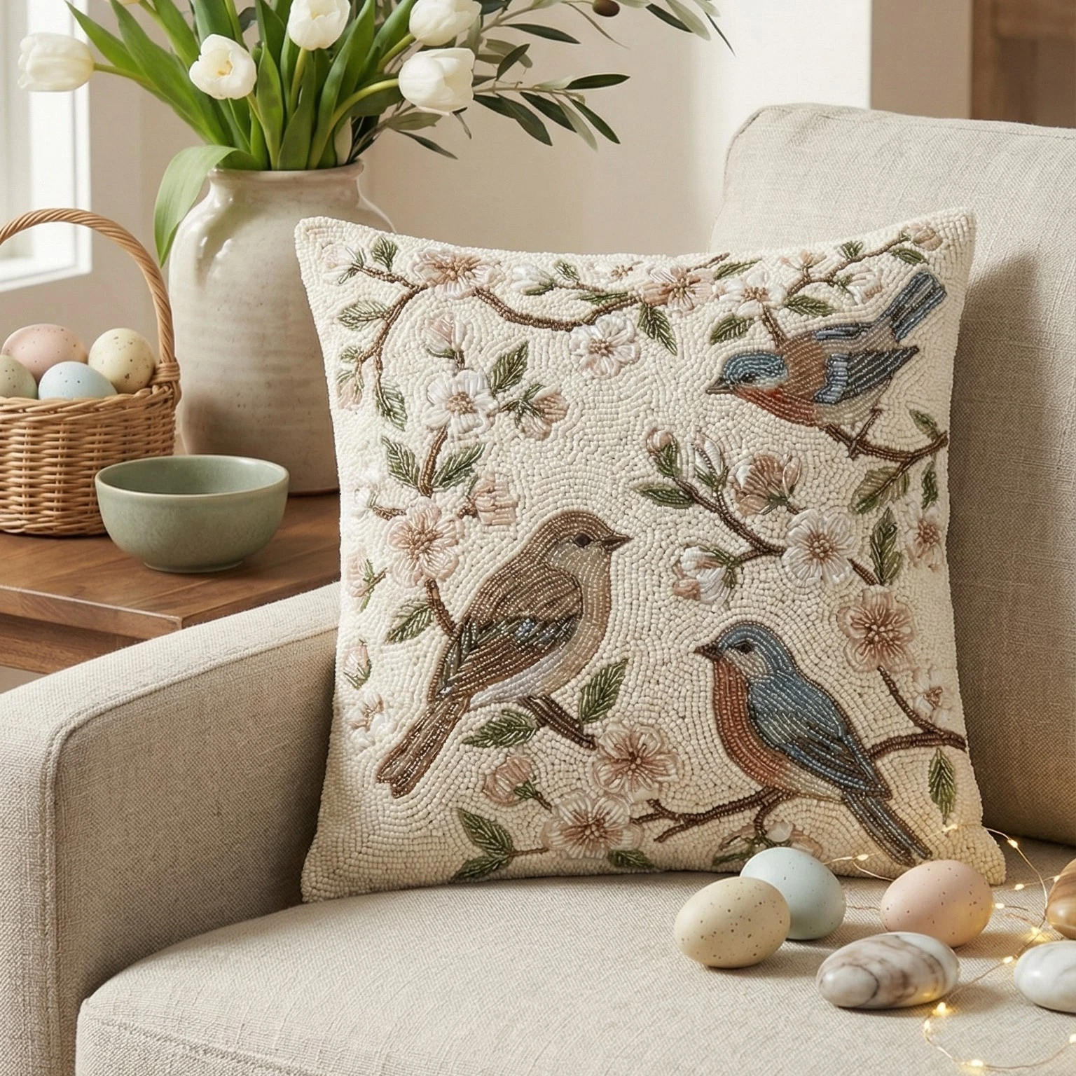Luxury Hand Beaded Bird Throw Pillow Cover Floral Cushion Case 16x16 18x18