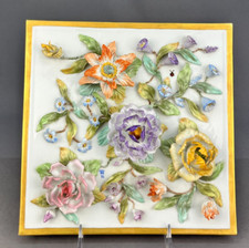 Capodimonte Italy 9" Porcelain Floral Tile Wall Hanging Plaque Early 20th Cent
