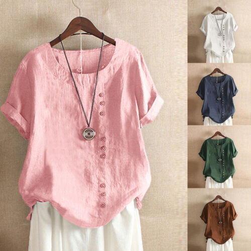 Cotton Linen Women Tunic Tops Ladies Summer Short Sleeve Shirt Blouse Plus Size