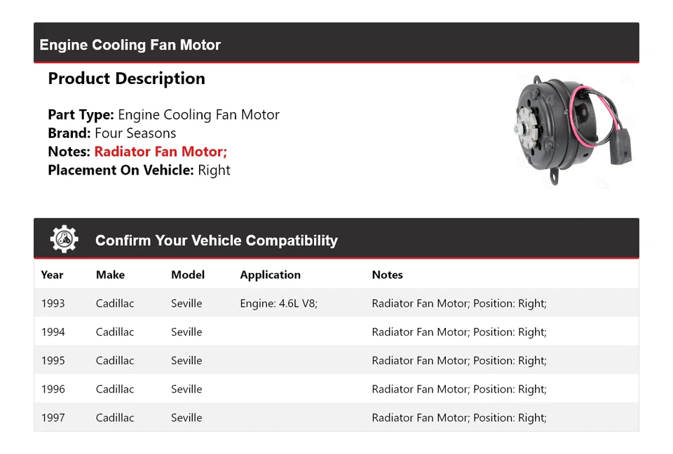 Ventilador de refrigeración del motor derecho para Cadillac Seville 1993-1997 4 estaciones 1994 Foto 2 de 4