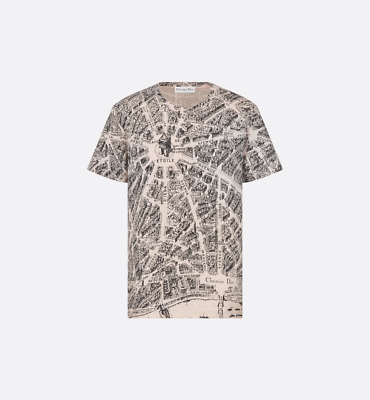 DIOR T-SHIRT White & Navy Blue Cotton & Linen Jersey with Plan de 