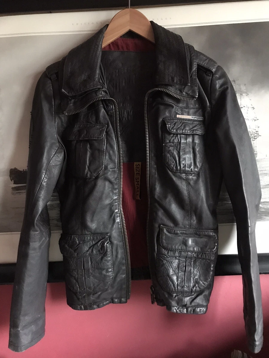 Superdry Brown Leather Jacket Women Size S eBay