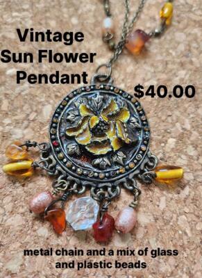Vintage Sunflower Medallion on Two Layer Necklace with Chain