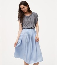 LOFT GRAY & LIGHT BLUE SATIN SKIRT SURPLICE BACK BLOUSON DRESS SIZE: M NWT $80