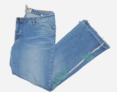 Bisou Bisou Womens Jeans Size 16 Hobo Hippie Fringed Floral Embroidered Patches