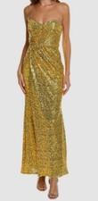 880 Badgley Mischka Women's Gold Sequined Strapless Draped Gown Dress Size 2
