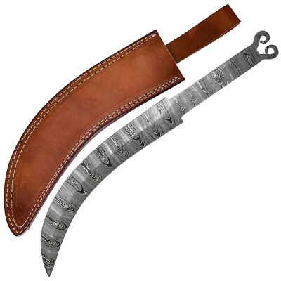 Full Tang Damascus DIY Trailing Point Undrilled Knife Blank w/ Leather Sheath