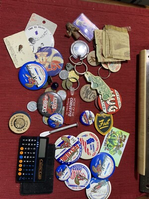 VINTAGE JUNK DRAWER LOT  ADVERTISING , PINS , WOODEN NICKELS , COINS , MISC