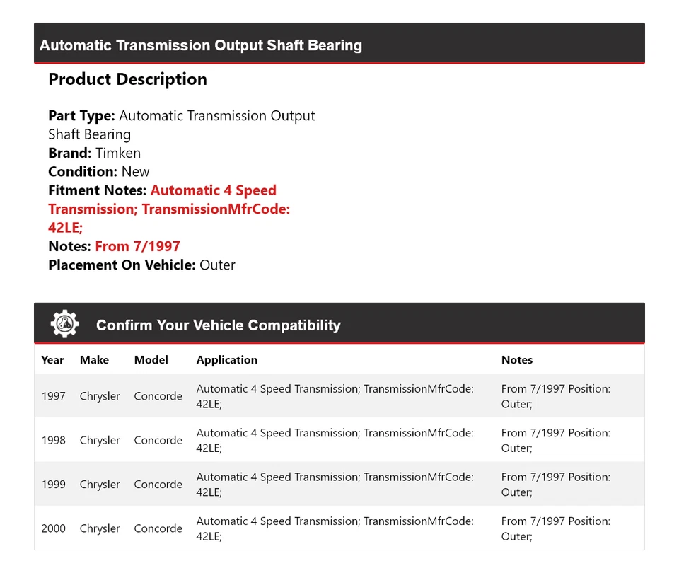Para 1997-2000 Chrysler Concorde Auto Trans Saída Eixo Rolamento Exterior Timken - Imagem 2 de 4