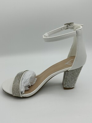 Windsor Rhinestone Block Heels Evening Womens White Silver Dress Shoes NEW  Sz