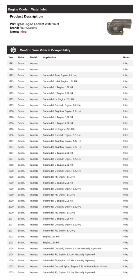 Впускное отверстие для воды охлаждающей жидкости двигателя Subaru Impreza 1993-2005 годов выпуска 4 сезона 1994 1995 1996 - Изображение 2 из 4