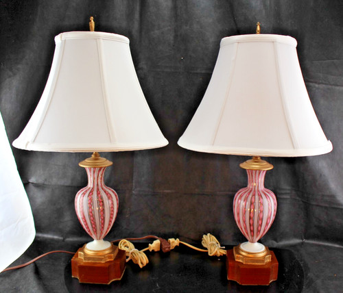 Restored Pair Mid-Century Murano AVEM Pink Zanfirico & Latticino Garza Lamps