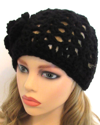 BOHO BEANIE HAT CAP  SOLID  BLACK  OPEN WEAVE MESH HANDMADE CROCHET WITH FLOWER