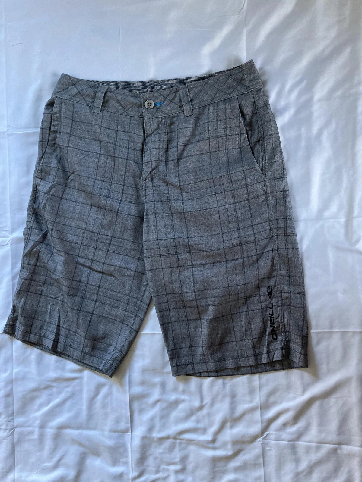 O'Neill Shorts Men 30 Gray Hybrid Buckle Plaid Golf Surf Chino Stretch EUC