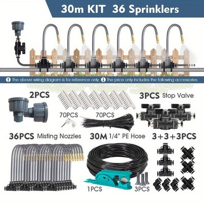 30m 1/4'' 4/6mm Misting Cooling System 360°Free-bend Atomization Sprayer Garden