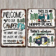Vintage Metal Camping Signs Decor - 3Pcs Rustic RV Wall Art, 8x12 Inch