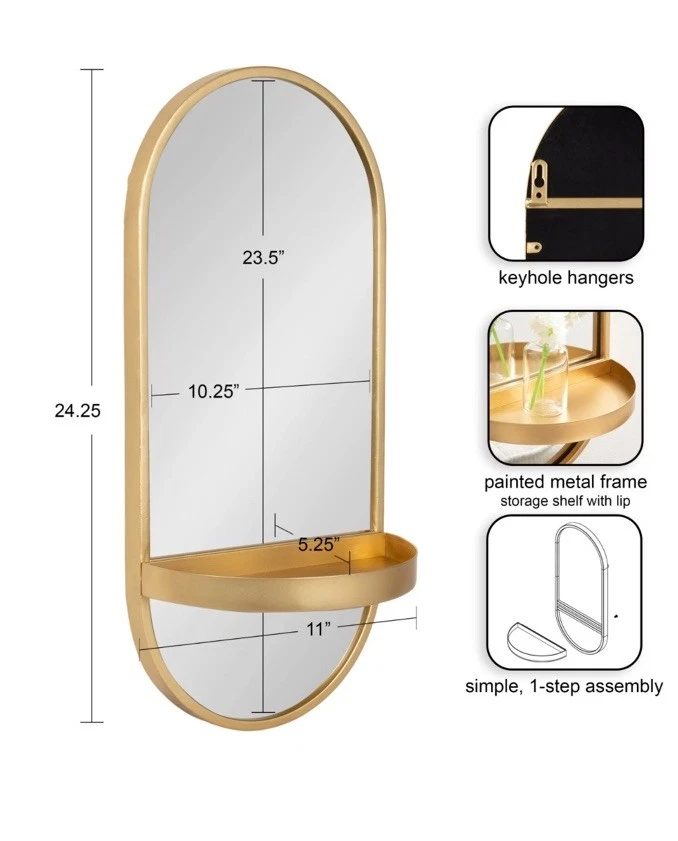 Kate and Laurel Estero Gold Metal Wall Mirror with Shelf (24.25" H x 11" W) - Image 3 of 4