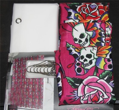 14-Pc Ed Hardy Skulls Wings Roses Shower Curtain, Roller Ball Hooks, & Liner