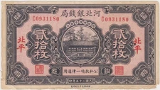 Rare, Ho Pei Metropolitan Bank 20 coppers banknote, 1936, P#S1710E, circulated
