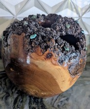 Cherry Burl Wood Turned Art Bowl w/ Turquoise Inlay,Signed G. Mace 649 6.5 8