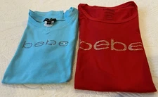 Bebe Women T-Shirts Lot 2 Sz L (Runs M) Blue & Red Y2K Retro Casual Glam