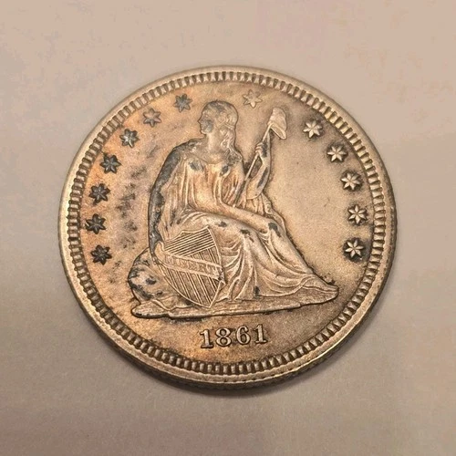 1861 Seated Liberty Quarter Dollar Silver Business Strike US Coin