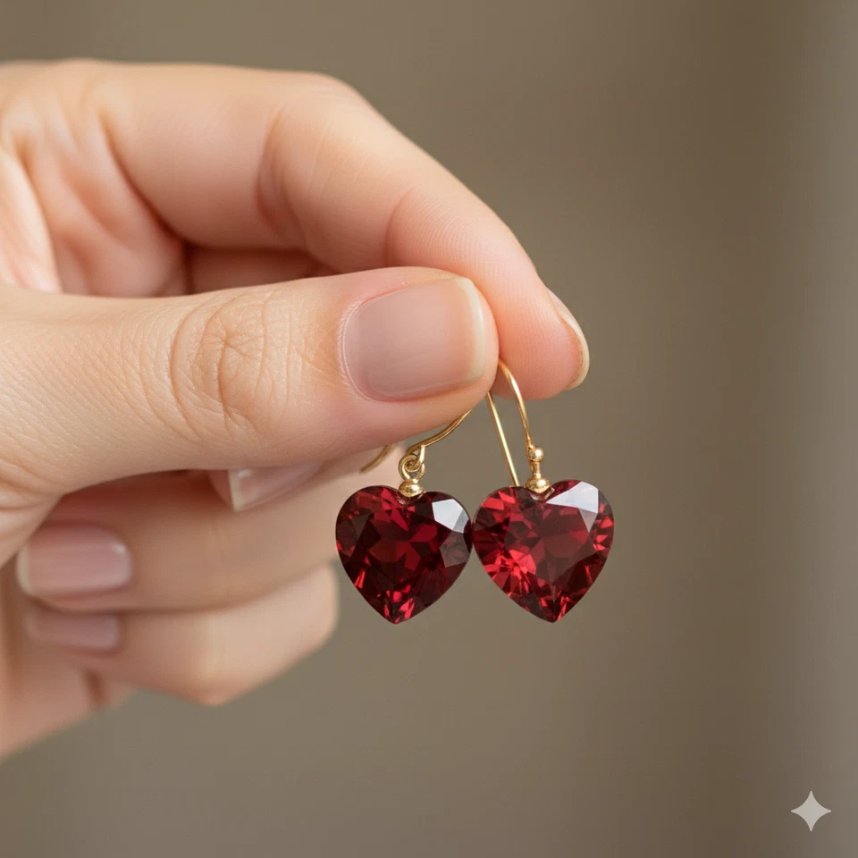 Granat Herz Ohrring Edelstein Handgemacht 925 Sterlingsilber Januar Glücksstein - Bild 4 von 4