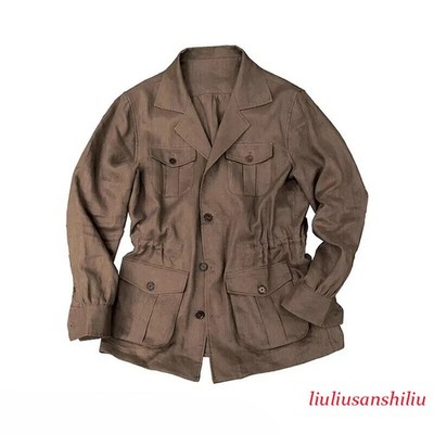 Mens 100% Linen Safari Jacket Slim Hunting Coat Casual Pockets Retro Formal Coat