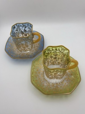 Moser Art Glass Demitasse Cups Saucers Set 2 Gilt Enamel c.1885 1900
