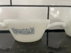 Vtg. (3) Currier & Ives Blue and White Milk Glass Soup/Cereal Bowls w/Handle.
