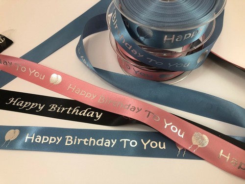 25mm Satin Ribbon + Silver Happy Birthday, Pink, Blue or Black 25mm x 1M length - Picture 2 of 3